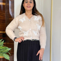 Beige Butterfly Patches Embroidered Fuzzy Knit Top