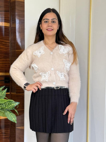 Beige Butterfly Patches Embroidered Fuzzy Knit Top