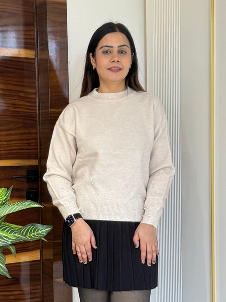 Beige Pearl Embellished Knit Top