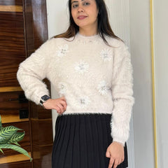 Beige Pearl & Sequin Embellished Fuzzy Knit Sweater