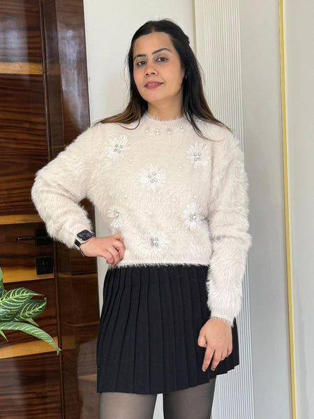 Beige Pearl & Sequin Embellished Fuzzy Knit Sweater