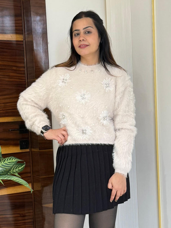 Beige Pearl & Sequin Embellished Fuzzy Knit Sweater
