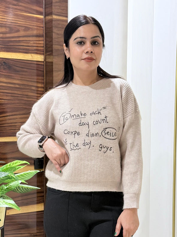 Beige Slogan Knit Casual Pullover