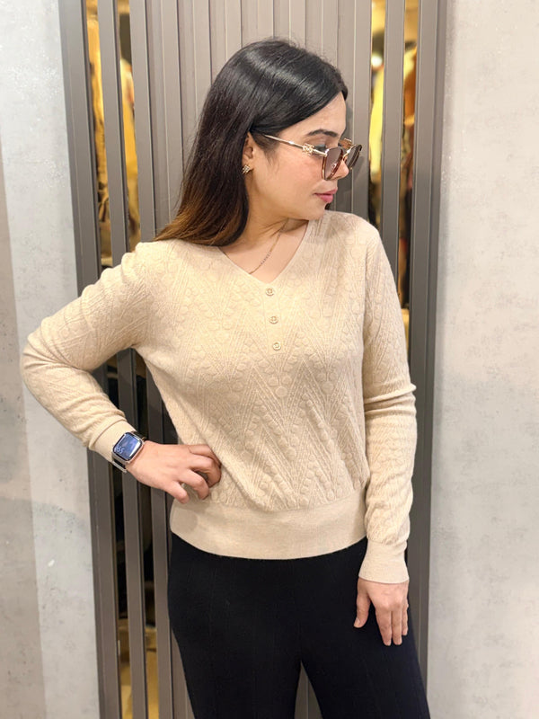 Beige Textured Button Detail Winter Top