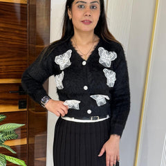 Black Butterfly Patches Embroidered Fuzzy Knit Top