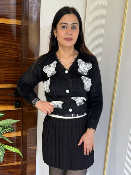 Black Butterfly Patches Embroidered Fuzzy Knit Top