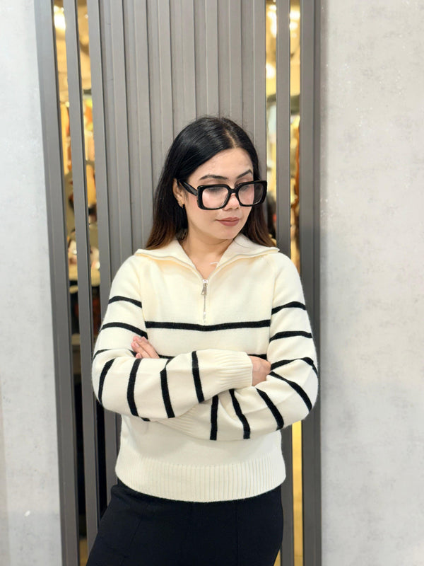 Black Cozy Striped Half-Zip Knit Sweater