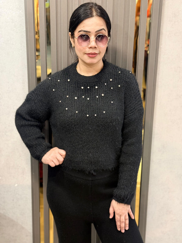 Black Embellished Cozy Knit Sweater