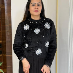 Black Pearl & Sequin Embellished Fuzzy Knit Sweater