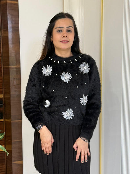Black Pearl & Sequin Embellished Fuzzy Knit Sweater