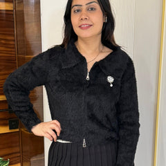 Black Plush Fuzzy Knit Top with Zip Detail