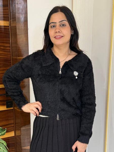 Black Plush Fuzzy Knit Top with Zip Detail