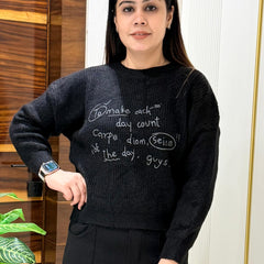 Black Slogan Knit Casual Pullover