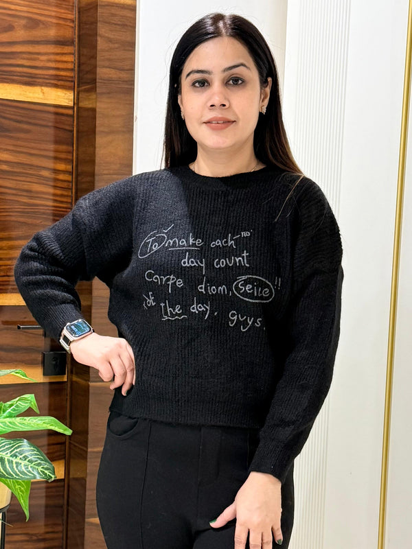 Black Slogan Knit Casual Pullover