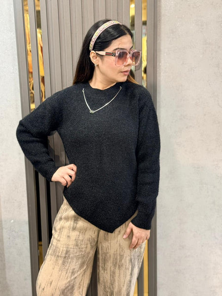 Black Soft Knit V Hem Sweater