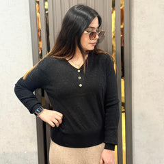 Black Textured Button Detail Winter Top