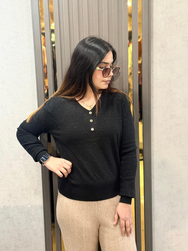 Black Textured Button Detail Winter Top