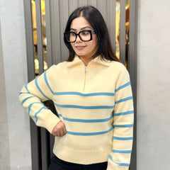 Blue Cozy Striped Half-Zip Knit Sweater