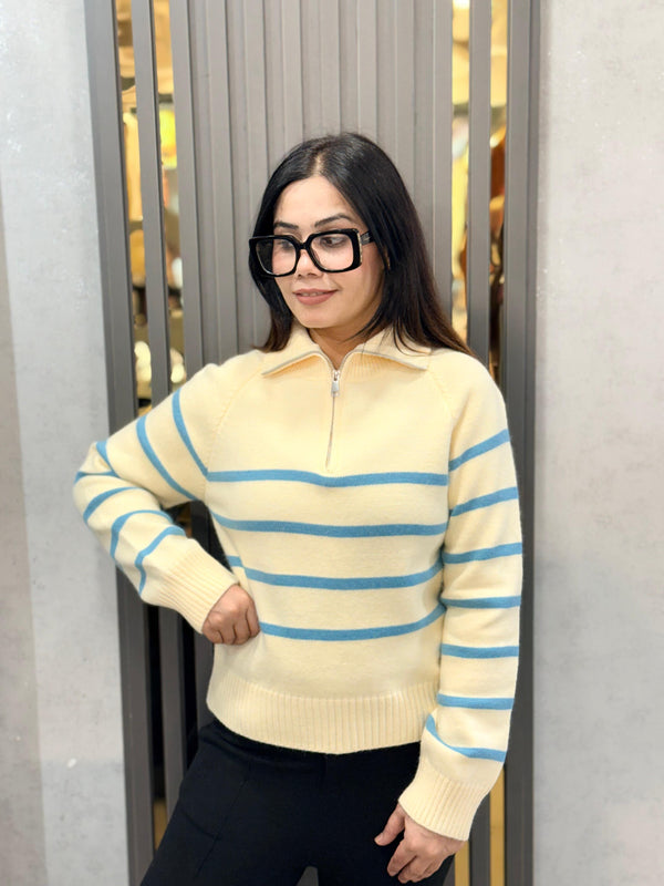 Blue Cozy Striped Half-Zip Knit Sweater