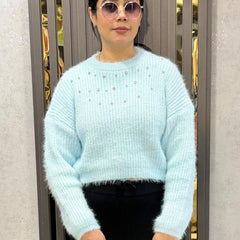 Blue Embellished Cozy Knit Sweater
