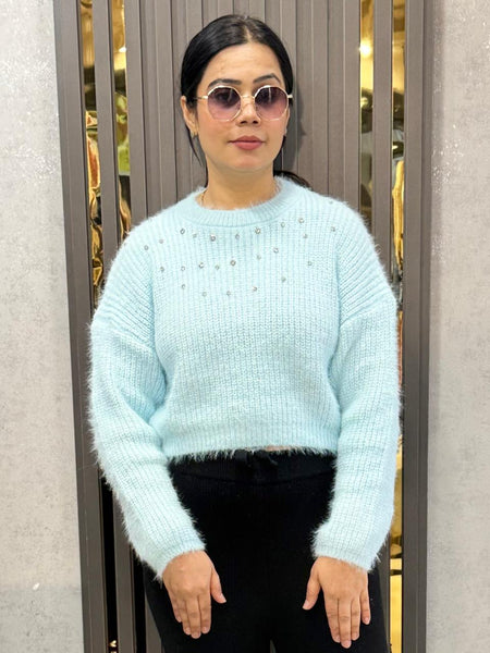 Blue Embellished Cozy Knit Sweater