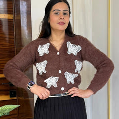Brown Butterfly Patches Embroidered Fuzzy Knit Top