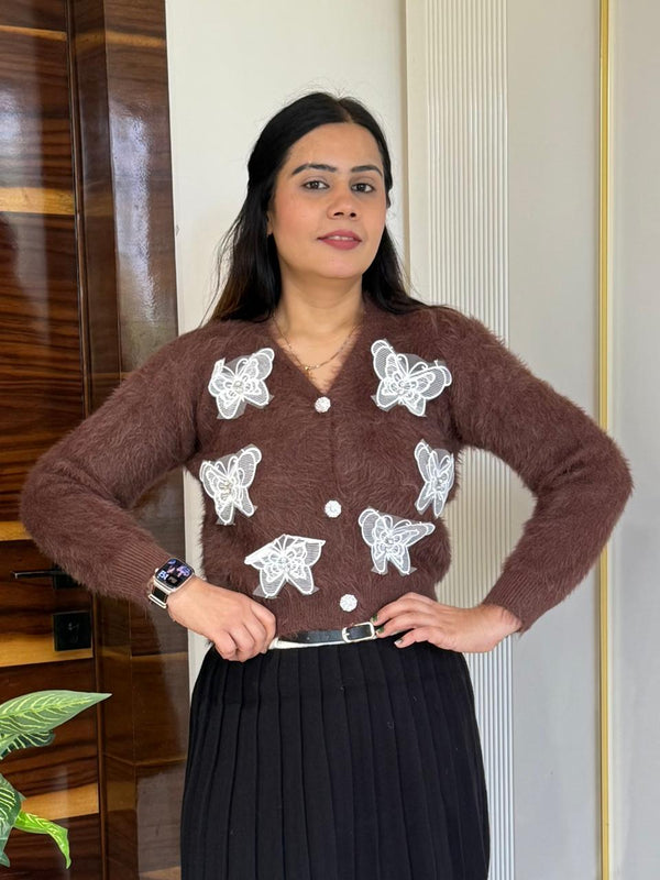 Brown Butterfly Patches Embroidered Fuzzy Knit Top