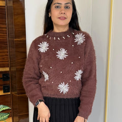 Brown Pearl & Sequin Embellished Fuzzy Knit Sweater