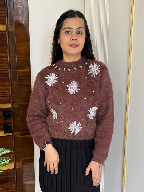 Brown Pearl & Sequin Embellished Fuzzy Knit Sweater
