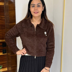 Brown Plush Fuzzy Knit Top with Zip Detail