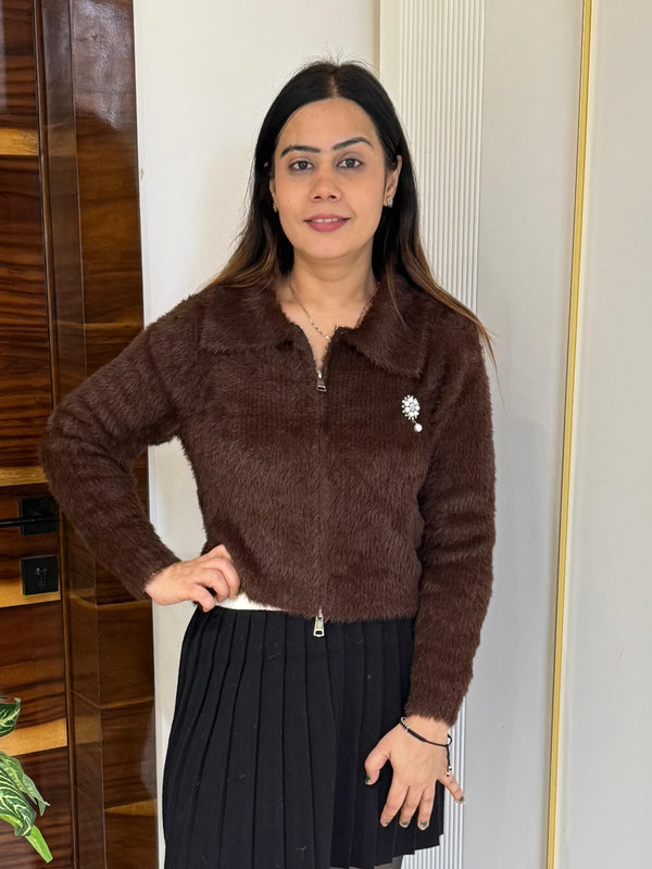 Brown Plush Fuzzy Knit Top with Zip Detail