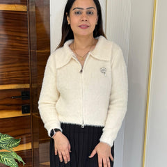 Cream Plush Fuzzy Knit Top with Zip Detail