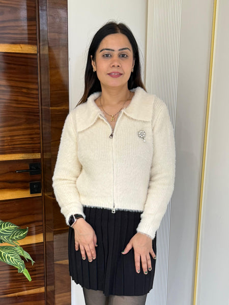 Cream Plush Fuzzy Knit Top with Zip Detail