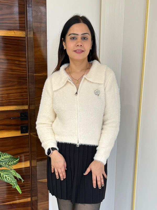 Cream Plush Fuzzy Knit Top with Zip Detail