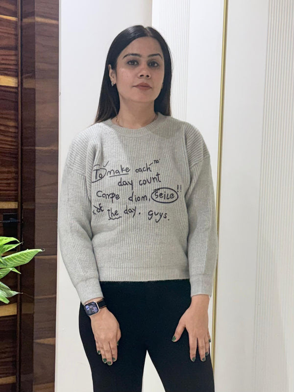 Grey Slogan Knit Casual Pullover