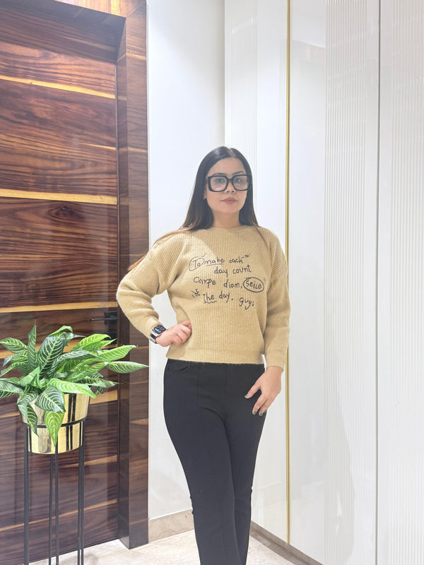 Khaki Slogan Knit Casual Pullover