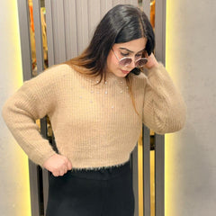 Light Brown Embellished Cozy Knit Sweater