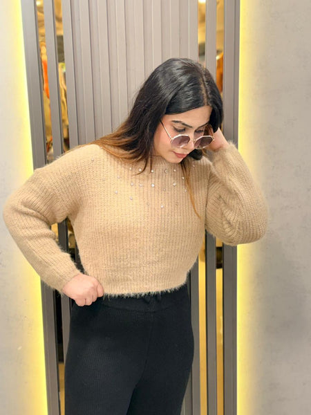 Light Brown Embellished Cozy Knit Sweater