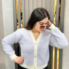 Pink Pearl Embellished Furry Button Cardigan