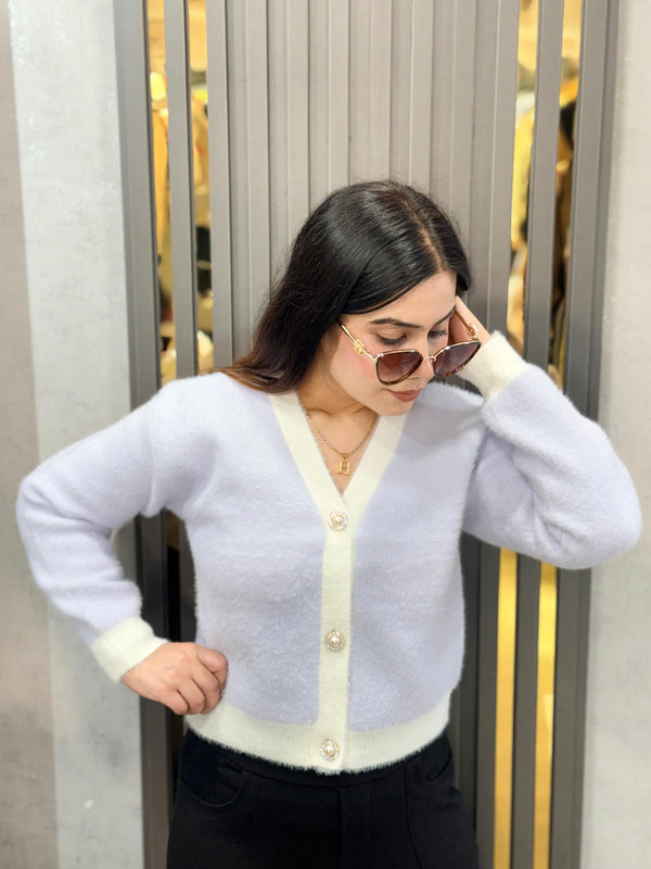 Pink Pearl Embellished Furry Button Cardigan