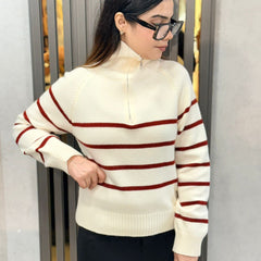 Maroon Cozy Striped Half-Zip Knit Sweater