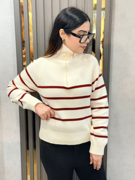 Maroon Cozy Striped Half-Zip Knit Sweater