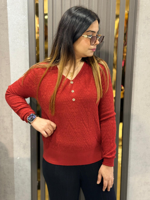 Maroon Textured Button Detail Winter Top