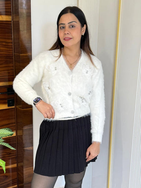 Off White Butterfly Patches Embroidered Fuzzy Knit Top