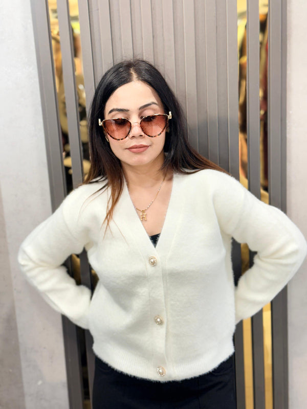 Pink Pearl Embellished Furry Button Cardigan