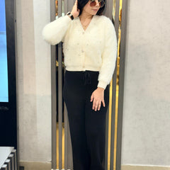 Off White Pearl Embellished Furry Button Cardigan