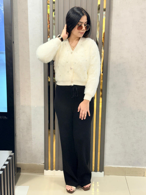 Off White Pearl Embellished Furry Button Cardigan