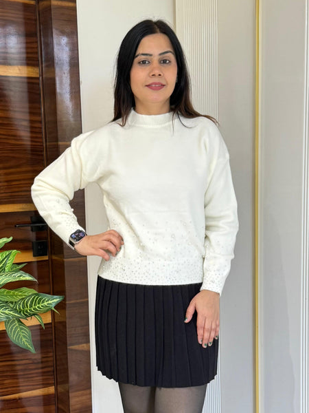 Off White Pearl Embellished Knit Top