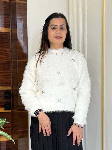 Off White Pearl & Sequin Embellished Fuzzy Knit Sweater