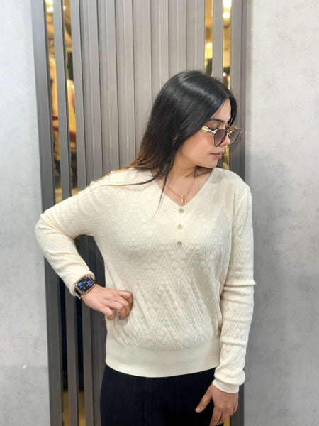 Off White Textured Button Detail Winter Top